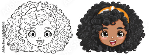 Vector illustration of a happy, curly-haired girl