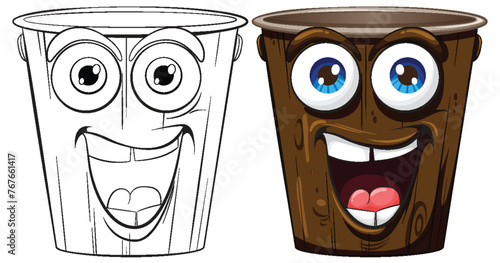 Two smiling coffee cups, one colored, one outlined.