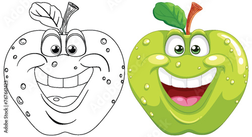 Colorful and black-and-white smiling apple illustrations.