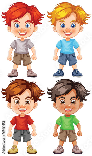 Four cheerful cartoon boys standing and smiling.