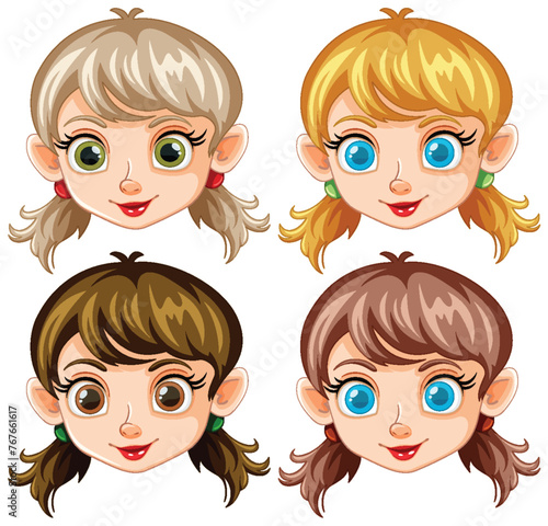 Four cartoon female faces with different hairstyles.
