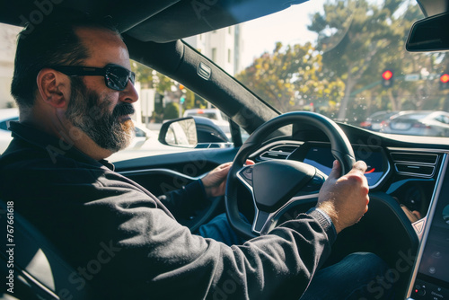 A charismatic man in his 40s, exuding charm, drives his car in Silicon Valley. Juggling driving and dictating notes, he embodies the essence of innovation. photo