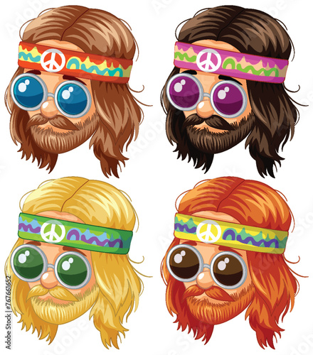 Four hipster beards with vibrant peace sunglasses.
