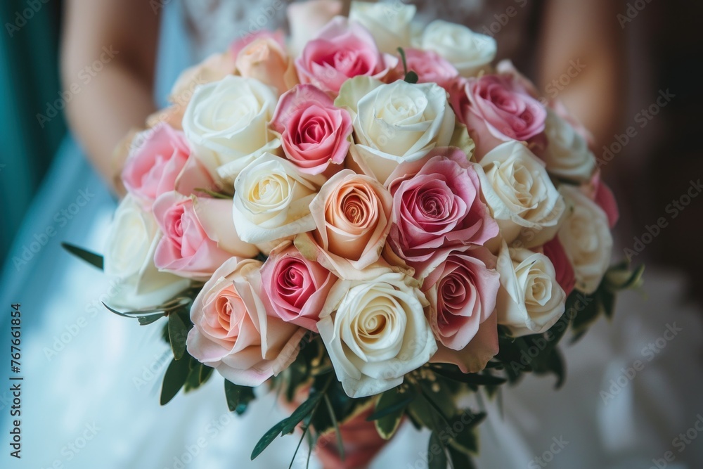 Obraz premium The bride in a white wedding dress holds a wedding bouquet. The bouquet consists of white, pink, purple roses, eucalyptus leaves, and pink berries