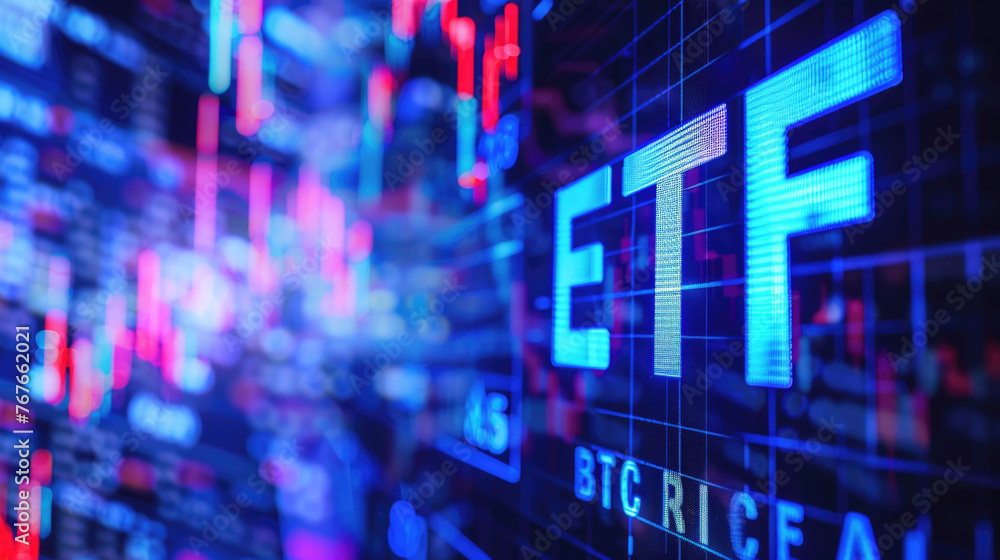 ETF glowing text on blurred background. Business, finance, crypto currency market concept ETF glowing text on blurred background. Business, finance, crypto currency market concept