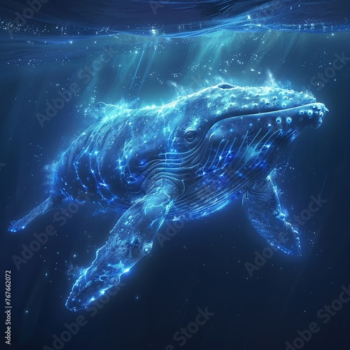 Artistic depiction of a bowhead whale, glowing with vitality, symbolizing its remarkable DNA repair abilities against cancer clean sharp focus photo
