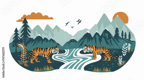 Carpet with two tigers on a stream and a background 