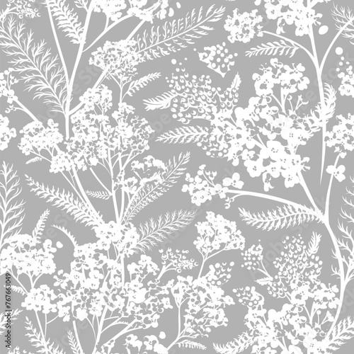 Seamless pattern with white flowers - Achillea Millefolium isolated on the gray background. Hand-drawn illustrations of wildflowers.
