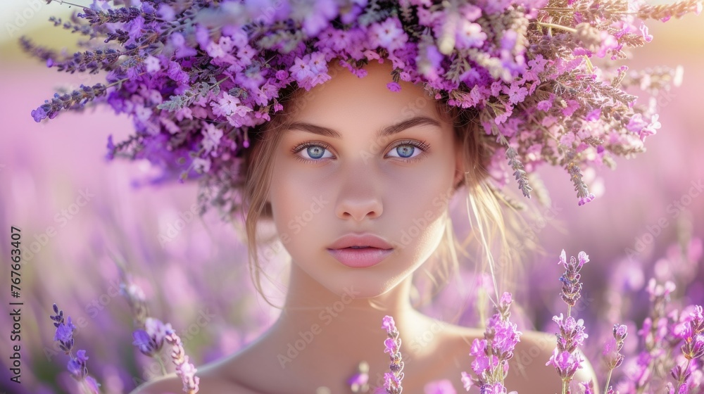 Beautiful girl in lavender wreath and retro dress on the lavender field. Beautiful woman in the lavender field on sunset in France Beautiful girl in lavender wreath and retro dress on the lavender field. Beautiful woman in the lavender field on sunset in France