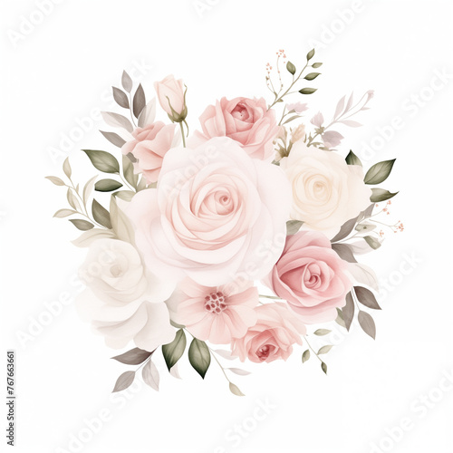 watercolor illustration pink, red, white Rose flower and green leaves. Florist bouquet, International Women's Day, Mother's Day, wedding flowers.