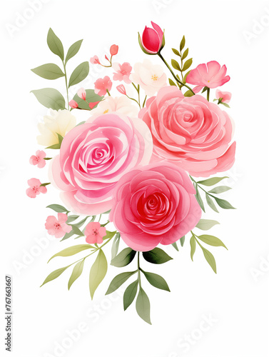 watercolor illustration pink, red, white Rose flower and green leaves. Florist bouquet, International Women's Day, Mother's Day, wedding flowers.