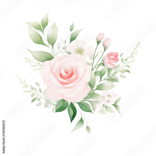 watercolor illustration pink, red, white Rose flower and green leaves. Florist bouquet, International Women's Day, Mother's Day, wedding flowers. © Daisy