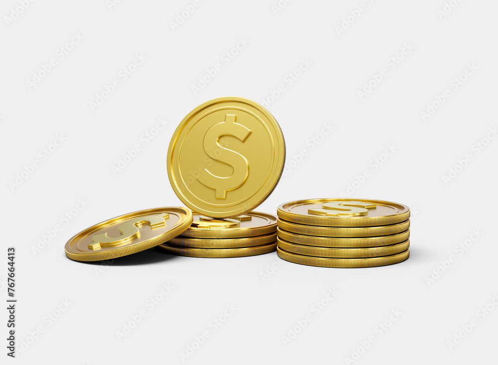 3d Stack Of Golden US Dollar Coins Shiny Rounded Coins Stack On White ...