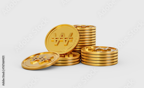 3d Stack Of Golden Korean Won Coins Shiny Rounded Coins Stack On White Background 3d Illustration photo