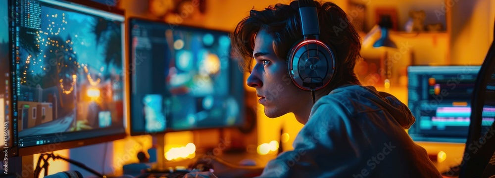 Portrait of young man in headphones playing video games at home