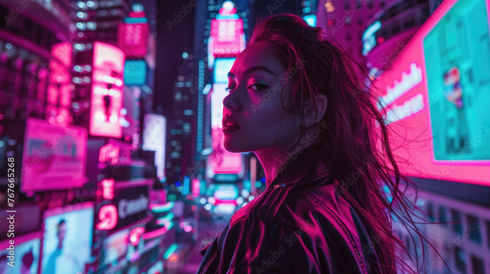 Obraz premium A woman stands in front of a neon sign in a city