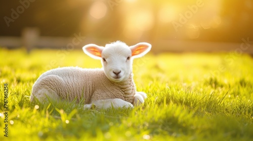 Close up of a newborn lamb in Springtime, laying down in lush green field and facing forward. Clean green background