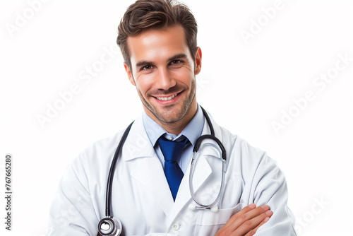 Smiling doctor with stethoscope isolated on white background