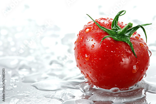 Red tomato in white background, Wet with water