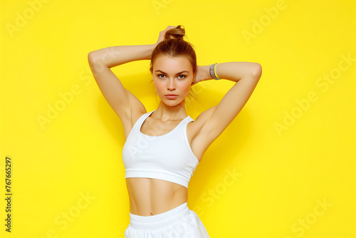 Sports girl in a white suit for fitness on a yellow background