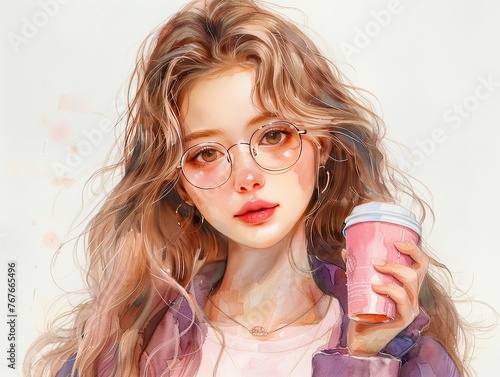 Portrait of a beautiful girl in glasses with a cup of coffee
