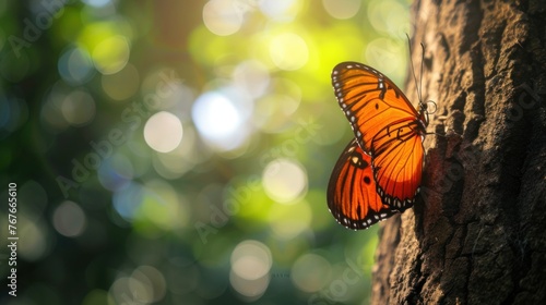 Colorful tropical background. bright orange monarch butterfly on a tree