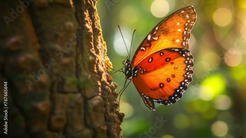 Colorful tropical background. bright orange monarch butterfly on a tree