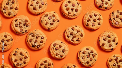 illustration of many american chocolate cookies in rows on orange background