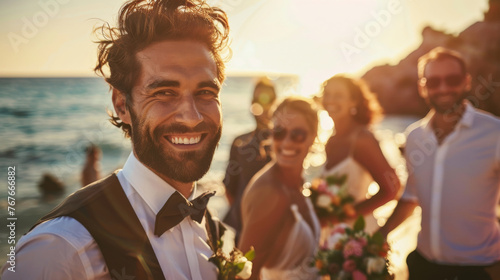 Portrait of a happy smiling caucasian man groom in suit on his wedding day on the beach with family , friends and sea view in background