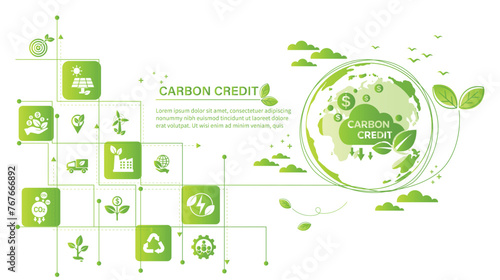 The concept of carbon credit with icons. Tradable certificate to drive industry and company to the direction of low emissions and carbon offset solution. Green vector illustration template.