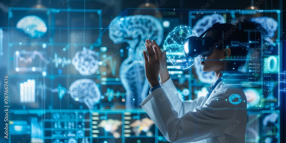 African American Female Scientist Studying Neural Network with VR African American Female Scientist Studying Neural Network with VR