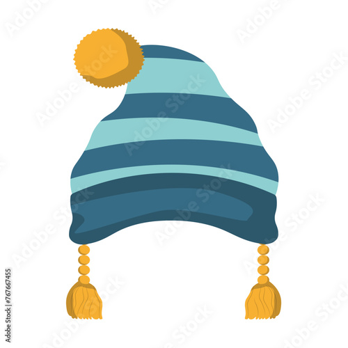 Ski cap vector image, woolly hat illustration, blue yellow winter hat isolated on white background