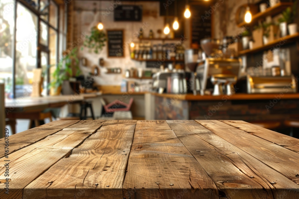 Wooden table on blur cafe, coffee shop, bar, background. Empty space for your product.