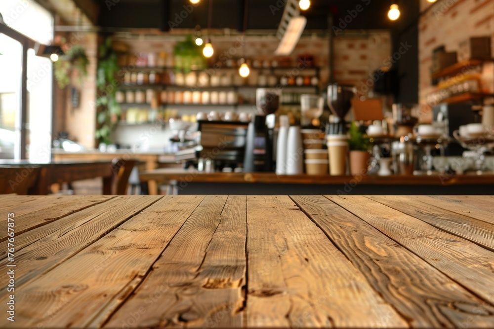Wooden table on blur cafe, coffee shop, bar, background. Empty space for your product.