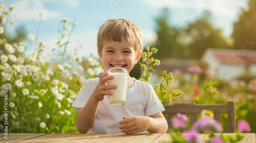 A boy drinks milk in the garden.