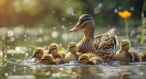Adorable ducklings following their mother in a pond. Generative AI. photo
