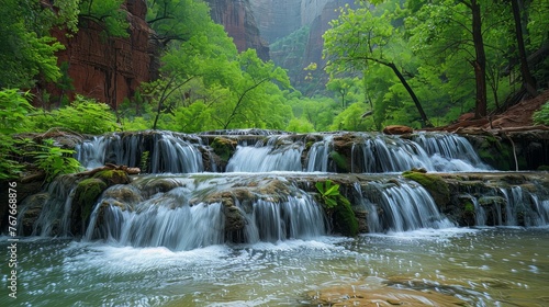  red rock cliff wall with waterfalls in the lush green