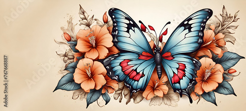 a blue butterfly sitting on top of a pink and white flower arrangement with a white background and a pink and orange flower in the center. generative ai