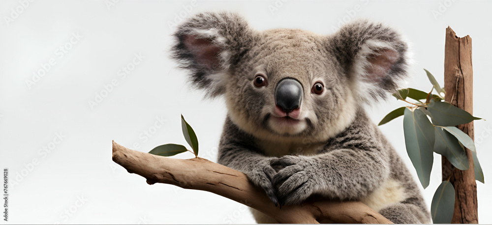 Obraz premium Koala bear climbing a branch looking at the camera, Phascolarctos cinereus, isolated on white generative by ai...