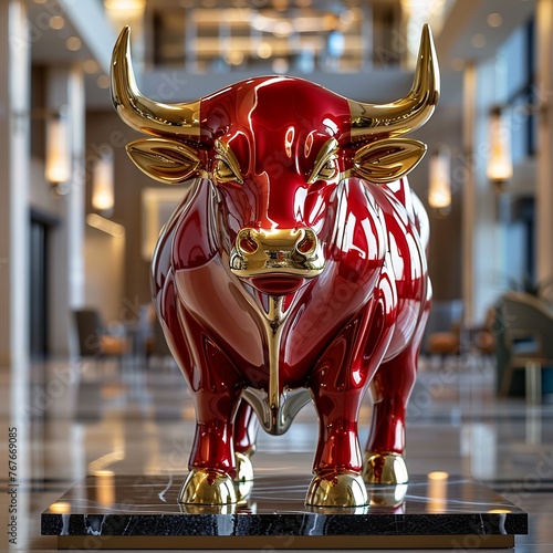 Elegant red and gold bull statue in a corporate lobby, signifying prosperity and positive financial health Prime Lenses photo