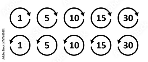 Rewind 1, 5, 10, 15, 30 second icon. Circle arrow icon. Replay or next symbol. Fast forward button. Round repeat sign. Rotating angle. Vector illustration isolated on white background.