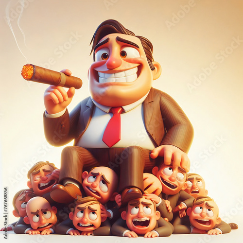 Businessman smoking cigar, sitting on employees- Capitalism, boss humour concept