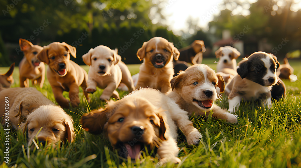 A bunch of puppies playing on a grass field - obrazy, fototapety, plakaty 