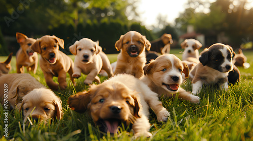 A bunch of puppies playing on a grass field