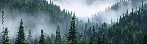coniferous forest with mist on mountains banner design