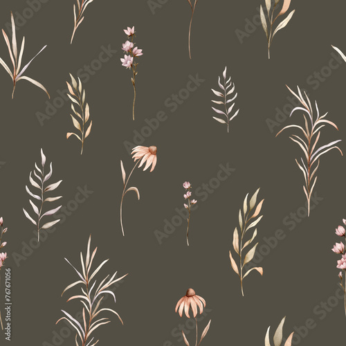 seamless pattern with watercolor botanical autumn illustration echinacea branches flowers. Autumn floral illustration. Fall vibes. Hand painted drawing isolated background. floral herds pastel color