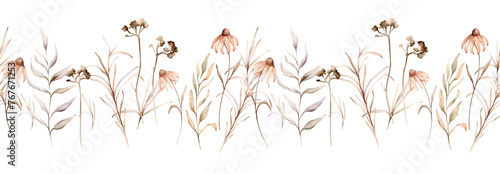 seamless border with watercolor botanical autumn illustration echinacea branches flowers. Autumn floral illustration. Fall vibes. Hand painted drawing isolated background. floral herds pastel color