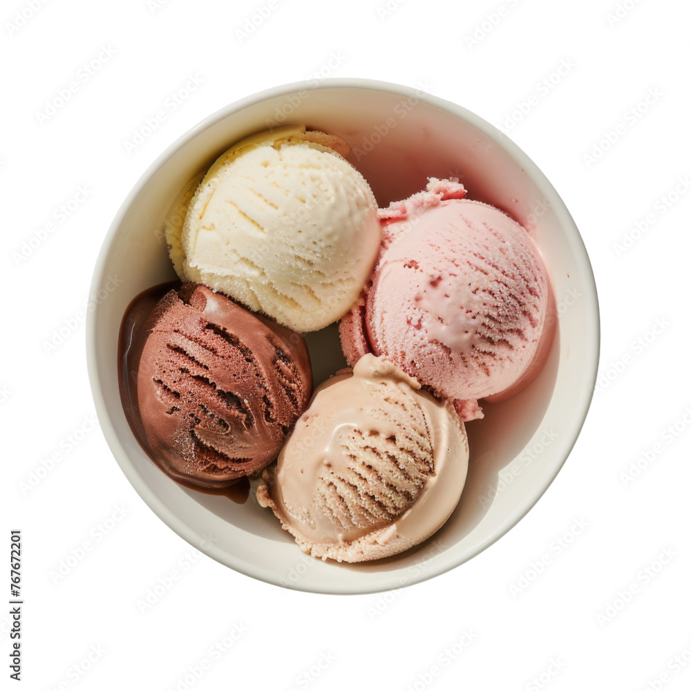 Assorted ice cream scoops including vanilla, strawberry, and chocolate in a white paper cupl. Assorted ice cream scoops including vanilla, strawberry, and chocolate in a white paper cupl.
