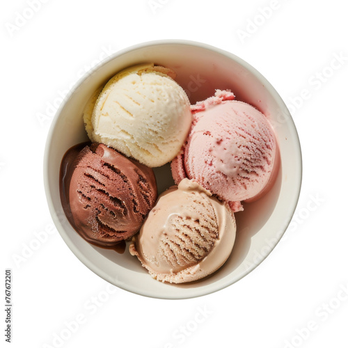 Assorted ice cream scoops including vanilla, strawberry, and chocolate in a white paper cupl.