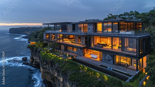 Modern Cliffside Villa Overlooking Ocean at Twilight
